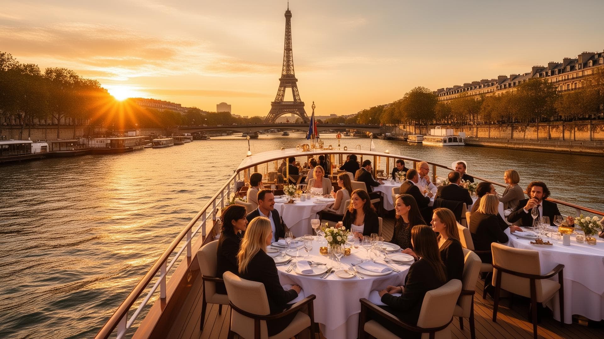 Dîner croisière sur la Seine avec vue sur la Tour Eiffel au coucher du soleil